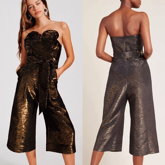 Anthropologie Corey Lynn Sweetheart Jumpsuit Gold Black Cropped - Picture 1 of 12